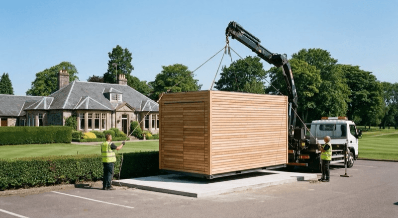 Livraison du container par grue sur le parking du golf