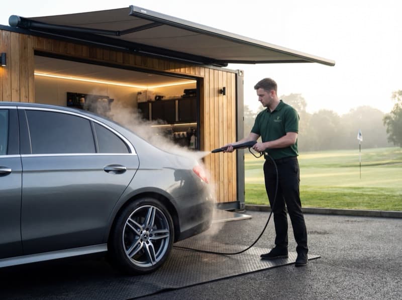 Opérateur en polo vert nettoyant une berline à la vapeur