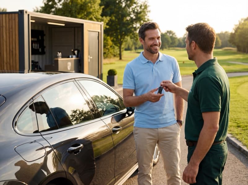 Client satisfait récupérant ses clés devant sa voiture impeccable